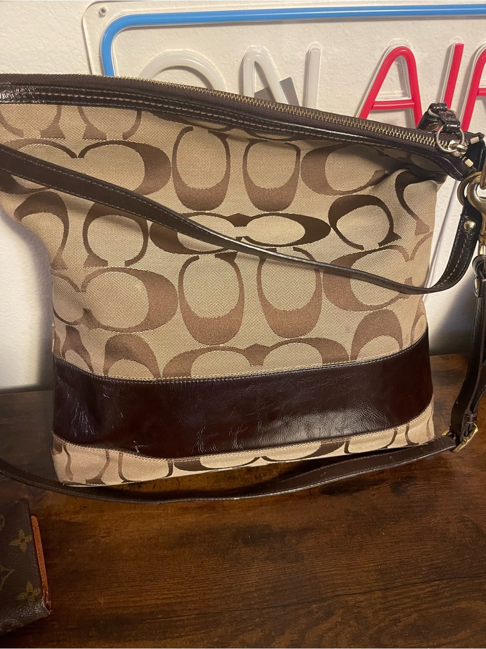 Coach Beige Signature Canvas Shoulder Bag with Dark Brown Leather Trim
